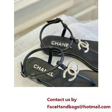 Chanel Lambskin  &  Strass CC Logo Thong Sandals G39728 Black 2023